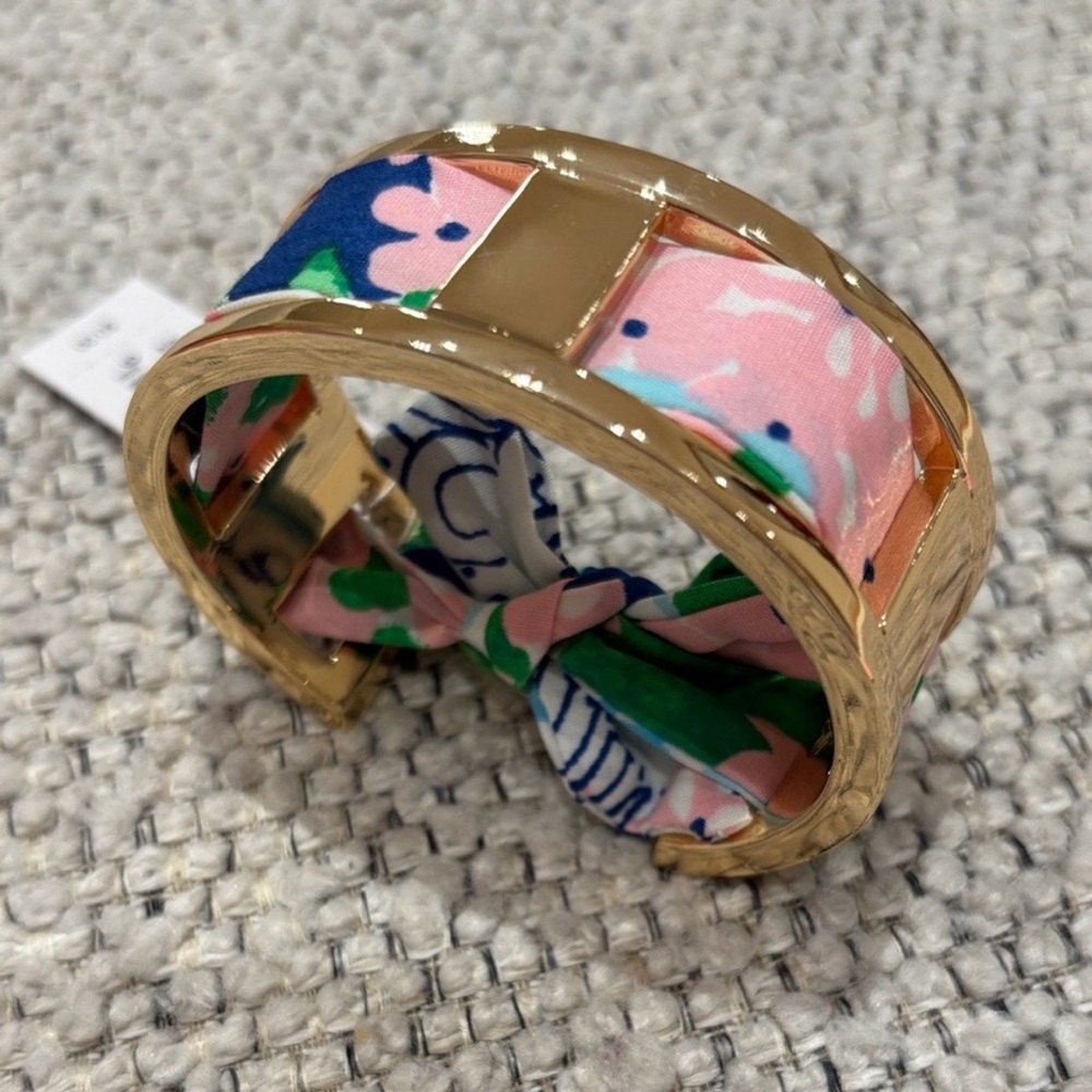 Lilly Pulitzer Gold Cuff Bracelet with Inserted Floral Pink Scarf Bracelet